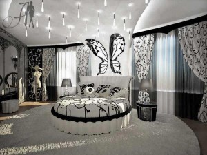 елегантна кръгла спалня черно и бяло