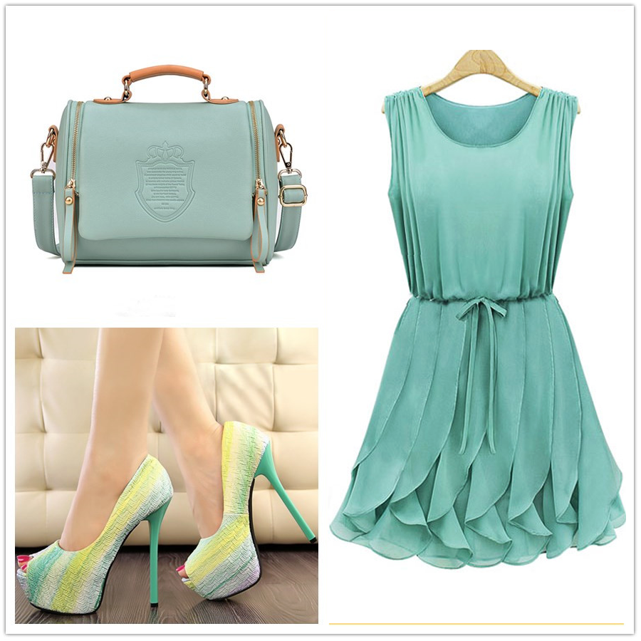 чанта рокля и обувки в син цвят