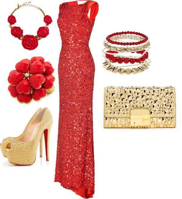 червена блестяща бална рокля пайети и аксесоари