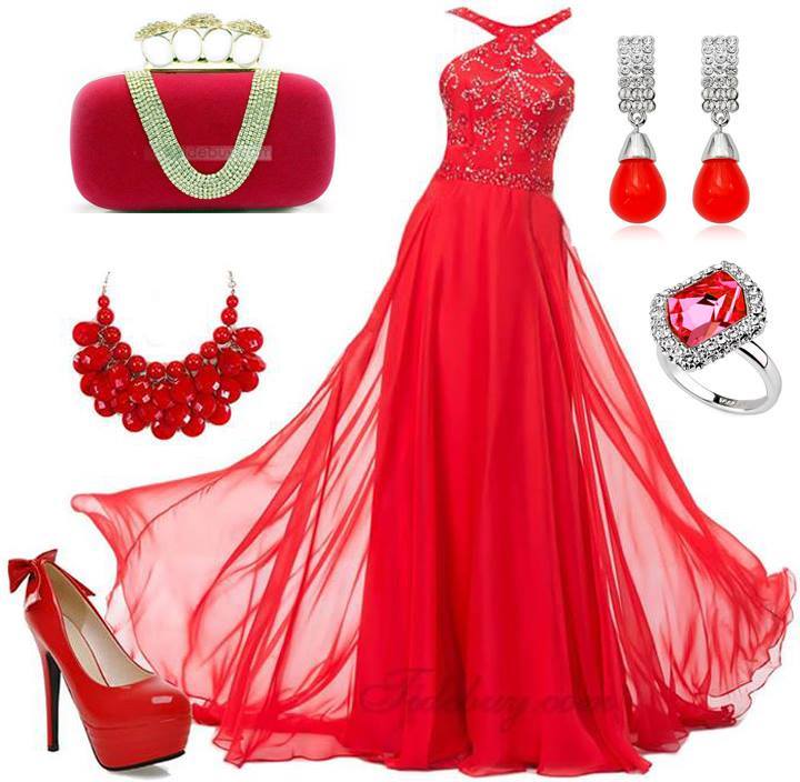 червена официална рокля с червени акскесоари