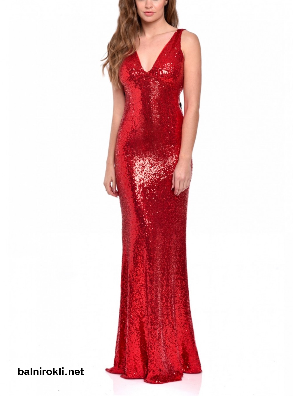 червена дълга белстяща рокля с гол гръб