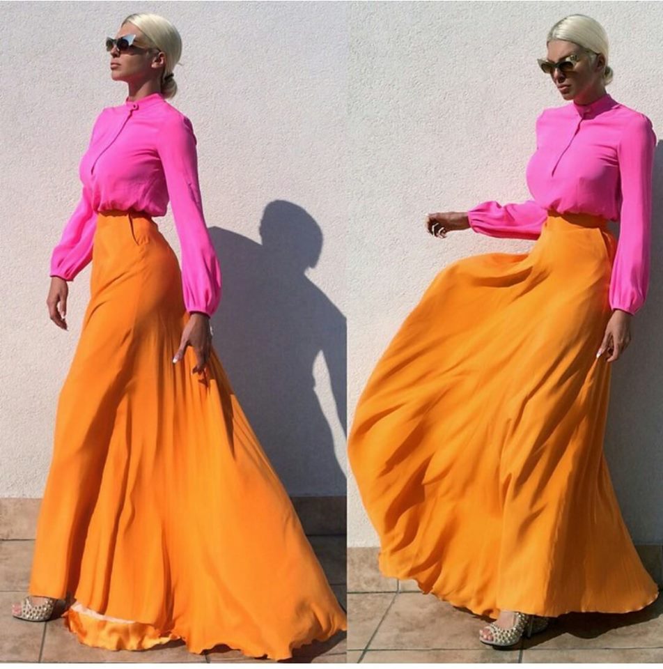 ярка оранжева пола с цикламена блуза