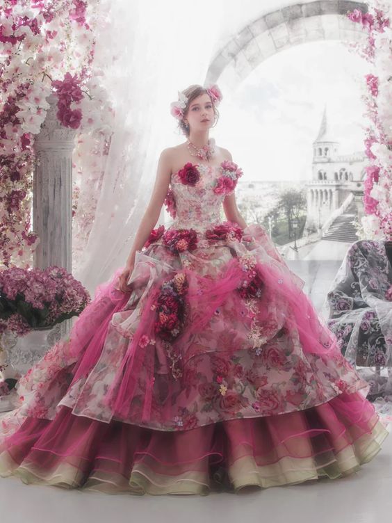  дълга бална рокля с флорални декорации цвят розов