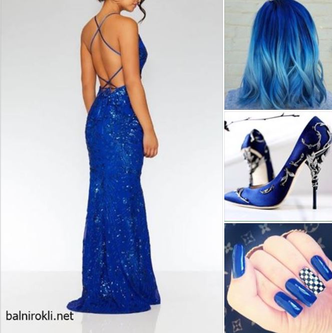 блестяща синя дълга рокля гол гръб