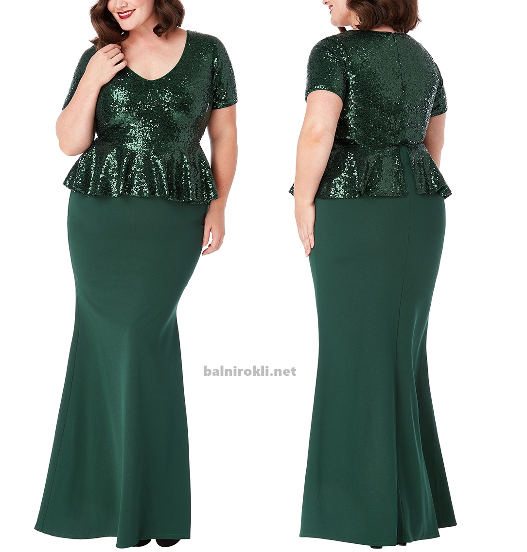 Дълга тъмнозелена официална рокля макси размери Бюстие Блестящи Пайети 3XL,4XL,5XL,6XL,7X