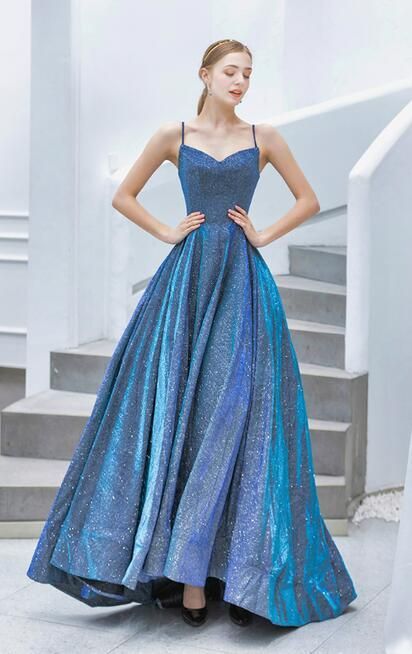 бална луксозна синя дълга рокля