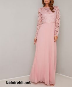 дълга официална рокля розова дантела шифон ръкави