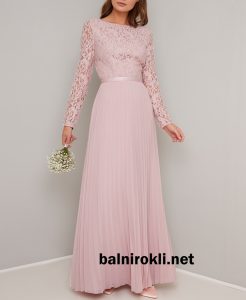 дълга официална рокля розова дантела шифон ръкави