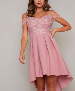 Асиметрична розова официална рокля дантела сатен 2020