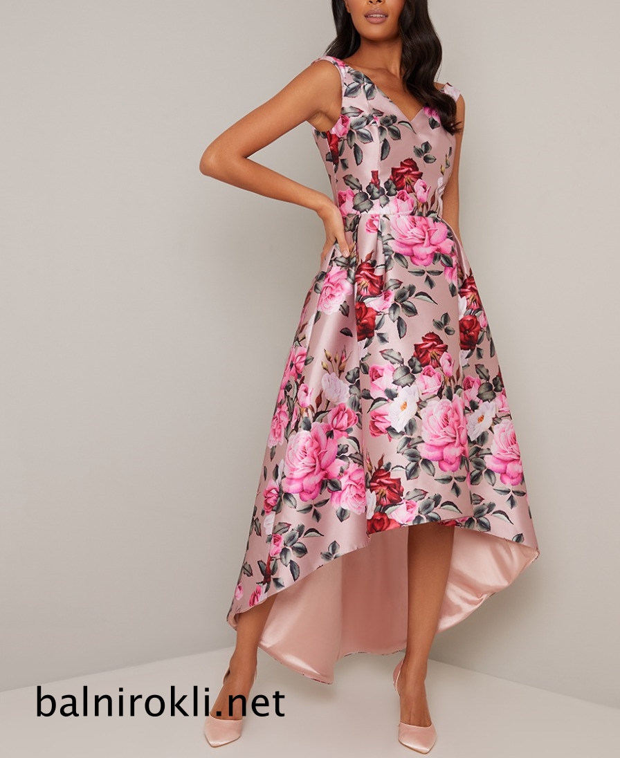 асиметрична рокля флорален сатен