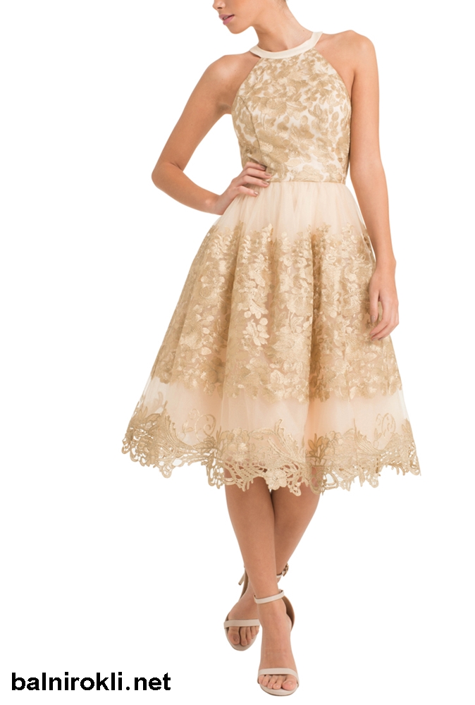 абитуриентска бална рокля дантела цвят златисто шампанско